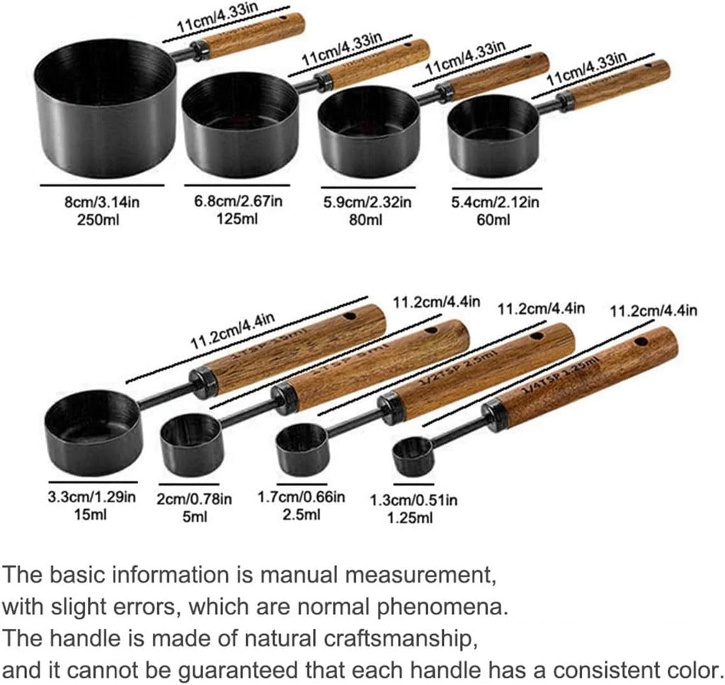 8 pieces Black Measuring Cups Set and Measuring Spoons Set with Scale Wooden Handle Stainless Steel Dry & Liquid Measuring Cup for Cooking Baking – Convenient Carry Handles with a Practical Everyday Design