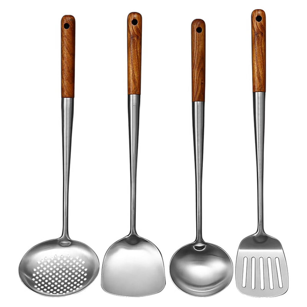 Long Handle Stainless Steel Wok Kitchen Slotted Turner Rice Spoon Ladle Cooking Tools Utensil Set – Convenient Carry Handles with a Practical Everyday Design