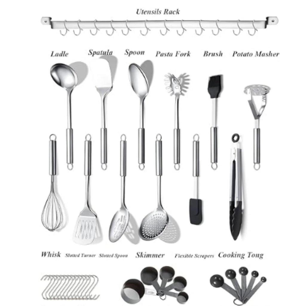 Kitchen Utensils Set 38 Pieces Stainless Steel Cooking Utensils Set Kitchen Gadgets Cookware Kitchen Tool Set with Utensil Holder Rack And Hooks For Hanging Dishwasher Suitable – Space-Saving Hanging Design with a Practical Everyday Design