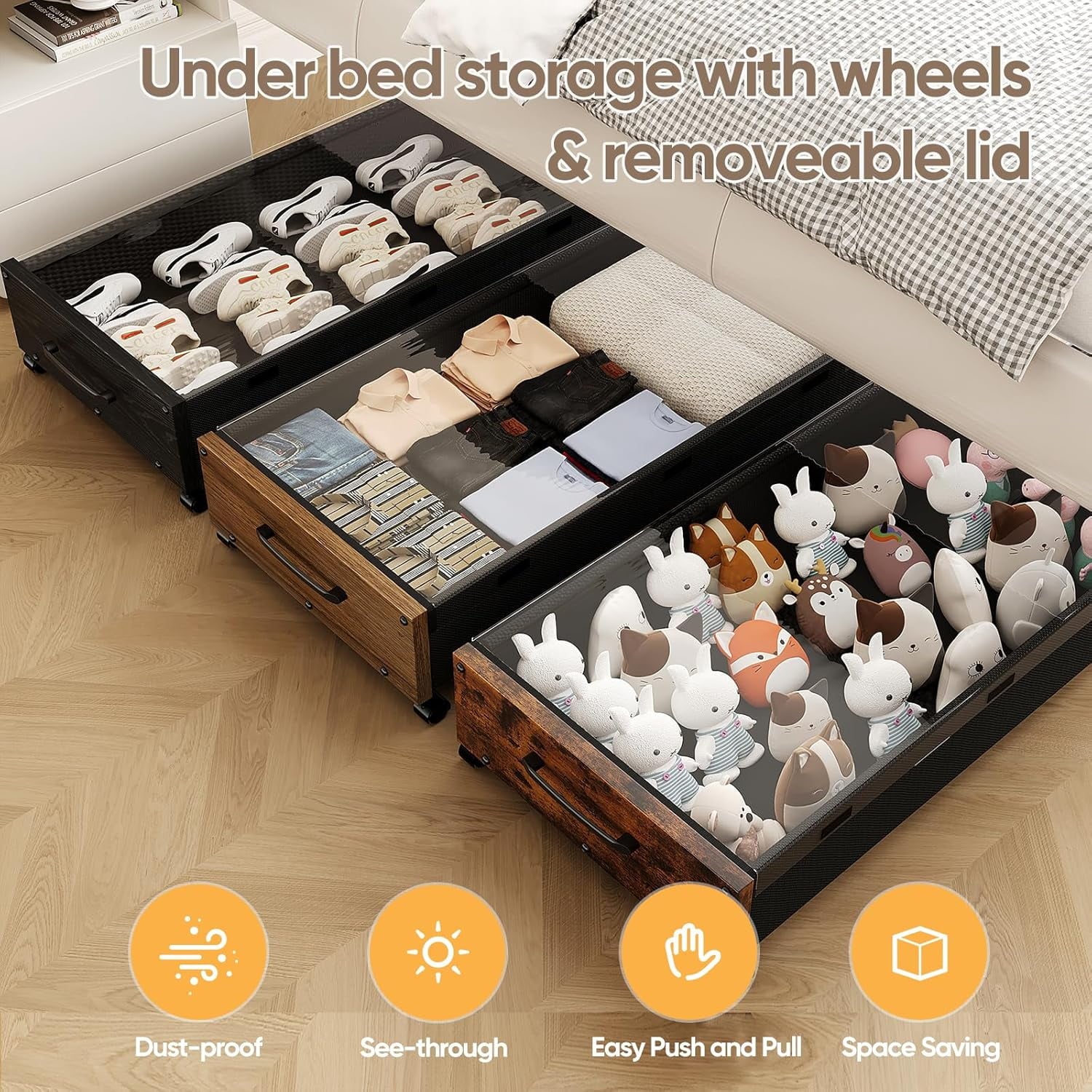 Wooden Under Bed Storage with Wheels Rolling Under the Bed Storage Bins with Removable Lid Metal Under Bed Drawers for Clothes and Shoes in Bedroom or Living Room(Black Wood-2pack) – Easy-Roll Mobility with a Practical Everyday Design