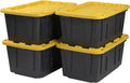 BLACK & YELLOW 27-Gallon Heavy Duty Tough Storage Container & Snap-Tight Lid (14.3"H x 20.6"W x 30.6"D) Weather-Resistant Design and Stackable Organization Tote [4 Pack] – Stackable Organization with a Practical Everyday Design