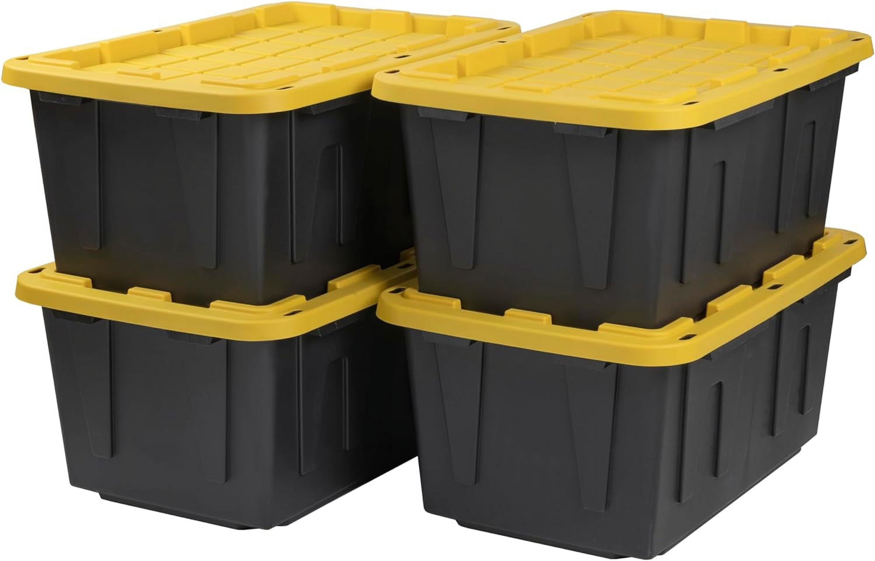 BLACK & YELLOW 27-Gallon Heavy Duty Tough Storage Container & Snap-Tight Lid (14.3"H x 20.6"W x 30.6"D) Weather-Resistant Design and Stackable Organization Tote [4 Pack] – Stackable Organization with a Practical Everyday Design