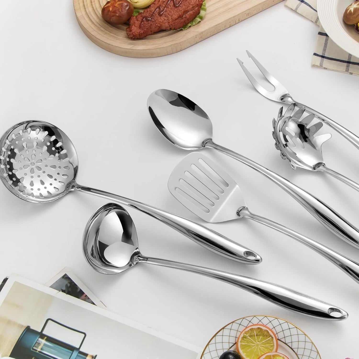 304 Stainless Steel Kitchen Utensils Set 6 Pcs Long Metal Cooking Utensil with Spatula Solid Spoon Ladle Skimmer Spaghetti Spoon Meat Fork Dishwasher Suitable – Durable Stainless Steel Construction with a Practical Everyday Design