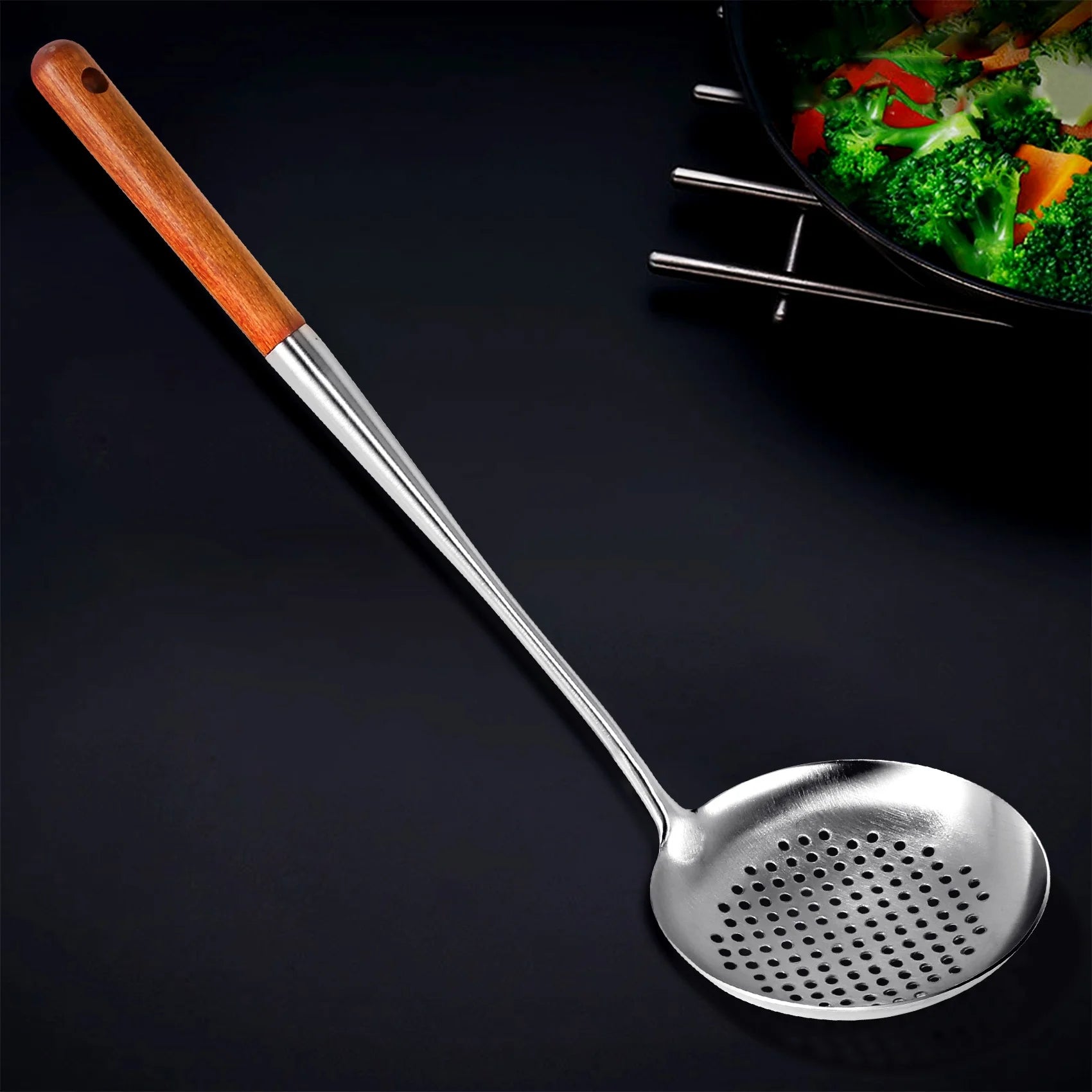 Long Handle Stainless Steel Wok Kitchen Slotted Turner Rice Spoon Ladle Cooking Tools Utensil Set – Convenient Carry Handles with a Practical Everyday Design