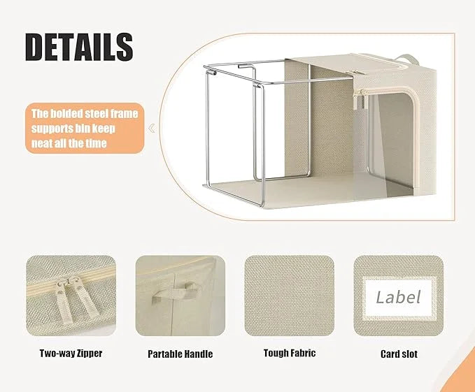 3 Openings Clothes Storage Bins with Metal Frame Foldable Storage Bin for Clothes Clothing Storage Bins with Lid Linen Storage Box With Clear Window＆ Zippers＆ Durable Handles.(3 Pcs,Beige,40L) – Everyday Household Format with a Practical Everyday Design