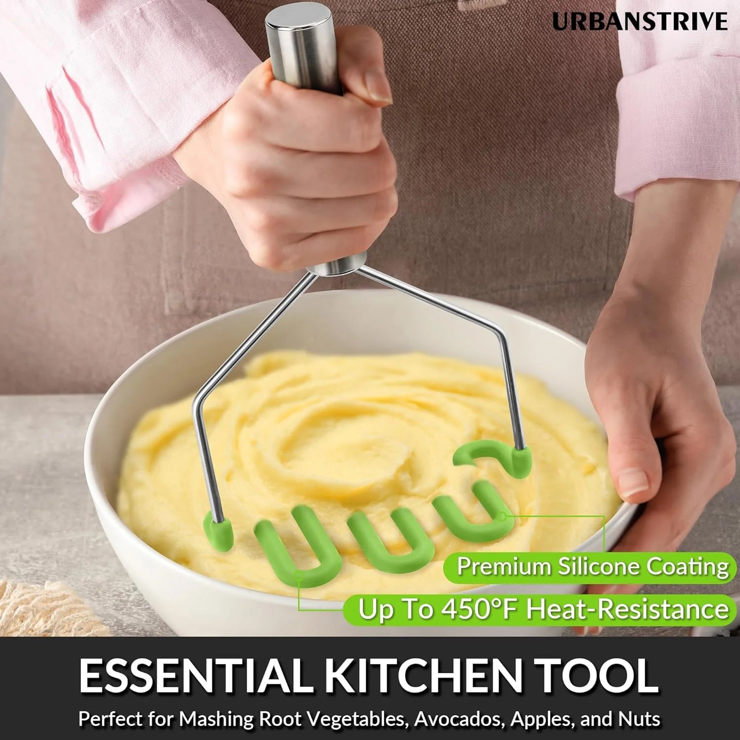 Non-Scratch Silicone Potato Masher Kitchen Tool Potatoes Masher Potato Masher Stainless Steel Wrapped In Well-crafted Silicone Potato Smasher – Durable Stainless Steel Construction with a Practical Everyday Design