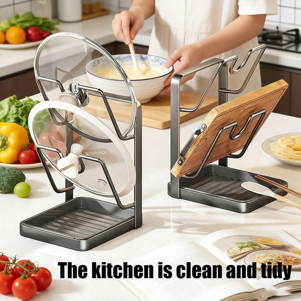 Kitchen Pot Lid Storage Rack Stainless Steel Pot Lid Holder While Cooking & Spoon Rest Multifunctional Pot Lid Organizer with Removable Drip Tray for Countertop Space-Saving Lid Rack – Durable Stainless Steel Construction with a Practical Everyday Design