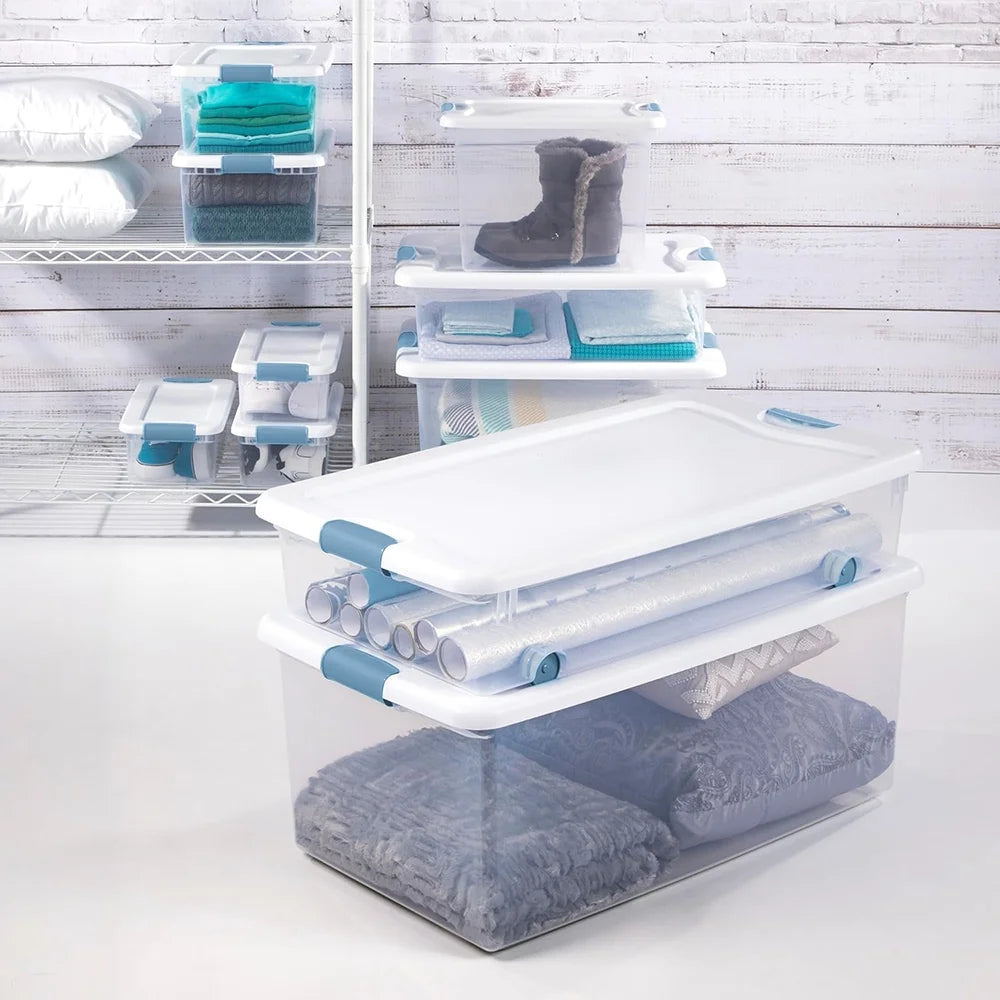 15 Qt Latching Storage Box Stackable Bin with Latch Lid Plastic Container to Organize Closet Shelf Clear with White Lid 12-Pack – Multiroom Organization Format with a Practical Everyday Design