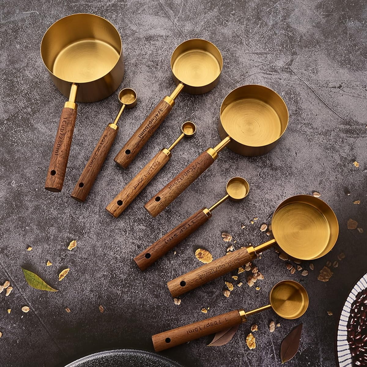 8 pieces Golden Measuring Cups Set and Measuring Spoons Set with Scale Wooden Handle Stainless Steel Dry & Liquid Measuring Cup for Cooking Baking – Convenient Carry Handles with a Practical Everyday Design