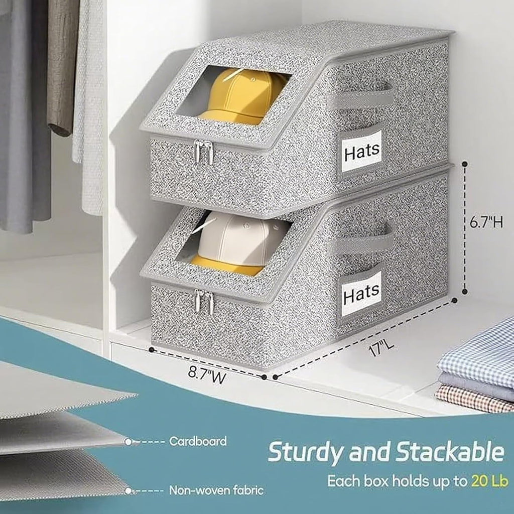 4 PCS Stackable Hat Storage for Baseball Caps Hat Storage Boxes for Closet Holds up to 12 Caps with Cardboard Hat Organizer for Women & Men (Grey) – Stackable Organization with a Practical Everyday Design