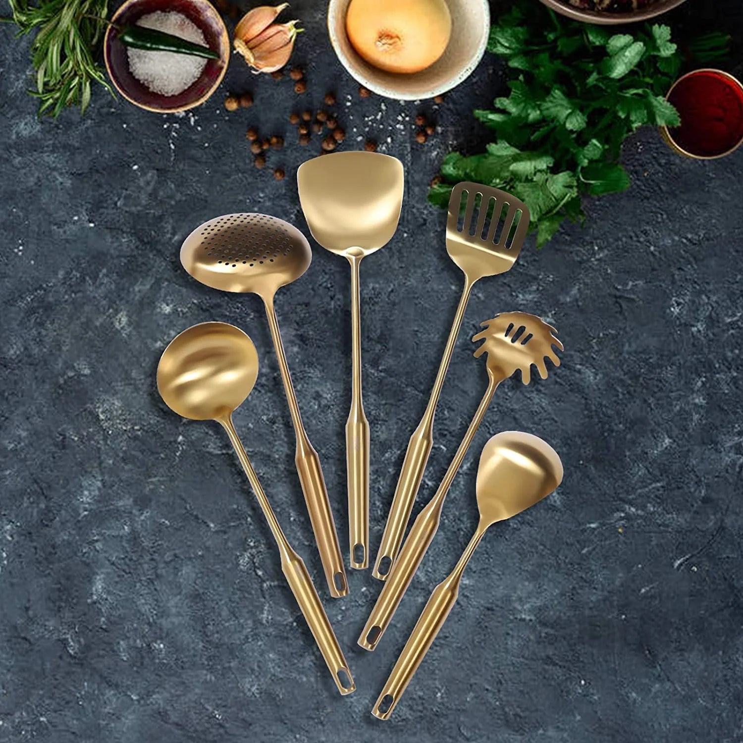 7pcs/ Set Gold Cooking Utensils Suitable for everyday use Kitchen Tool with Holder Stainless Steel – Durable Stainless Steel Construction with a Practical Everyday Design