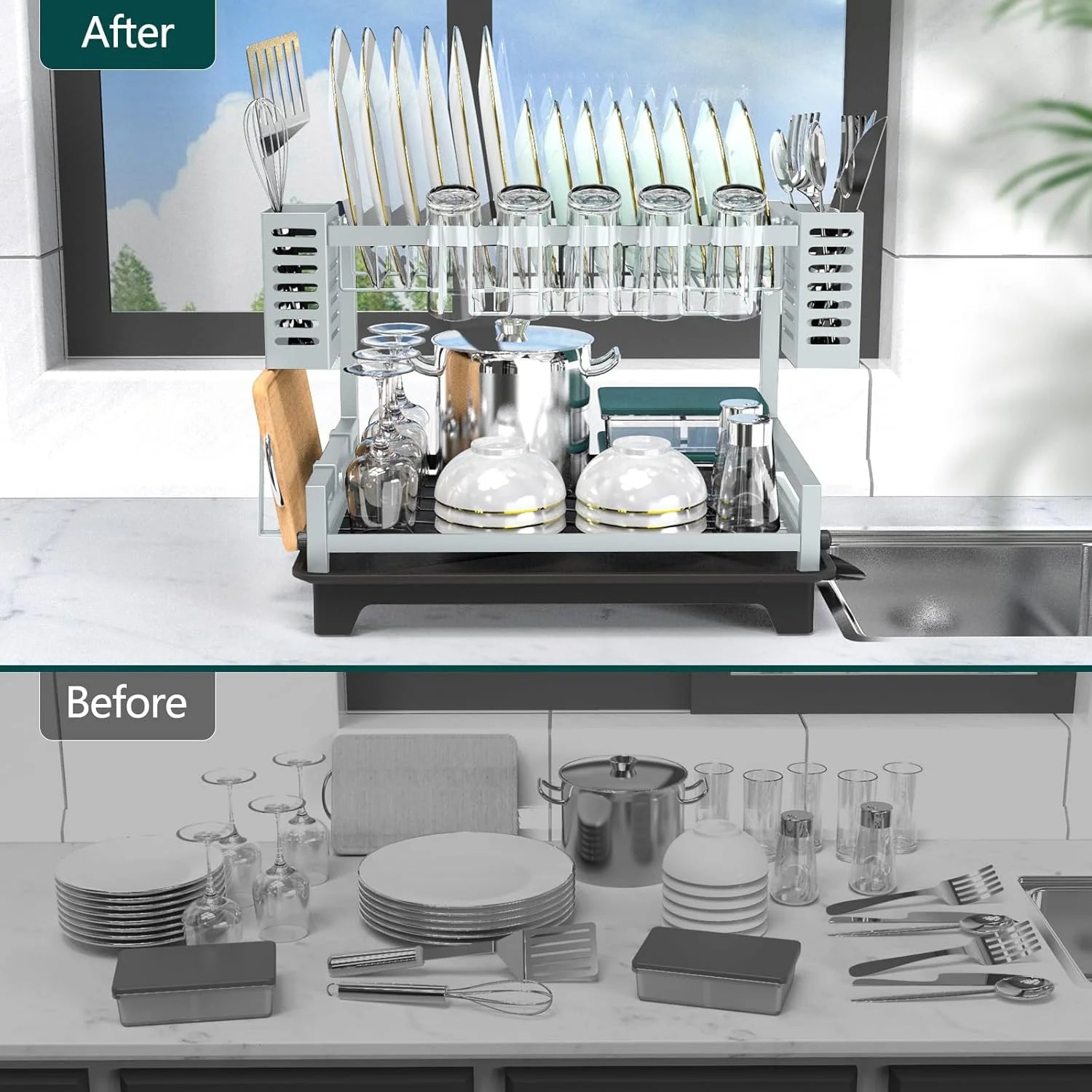 Dish Drying Rack: 2 Tier Dish Racks for Kitchen Counter and Sink - Large Dish Drying Rack with Drainboard & Utensil Holders - Stainless Steel Dish Drainers Kitchen Organization and – Durable Stainless Steel Construction with a Practical Everyday Design