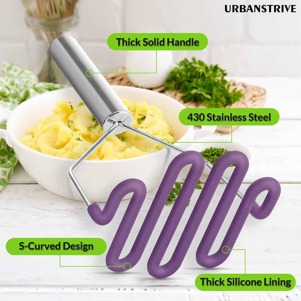 Scratch-resistant silicone potato mash maker kitchen tool stainless steel outer layer wrapped with durable silicone. – Durable Stainless Steel Construction with a Practical Everyday Design