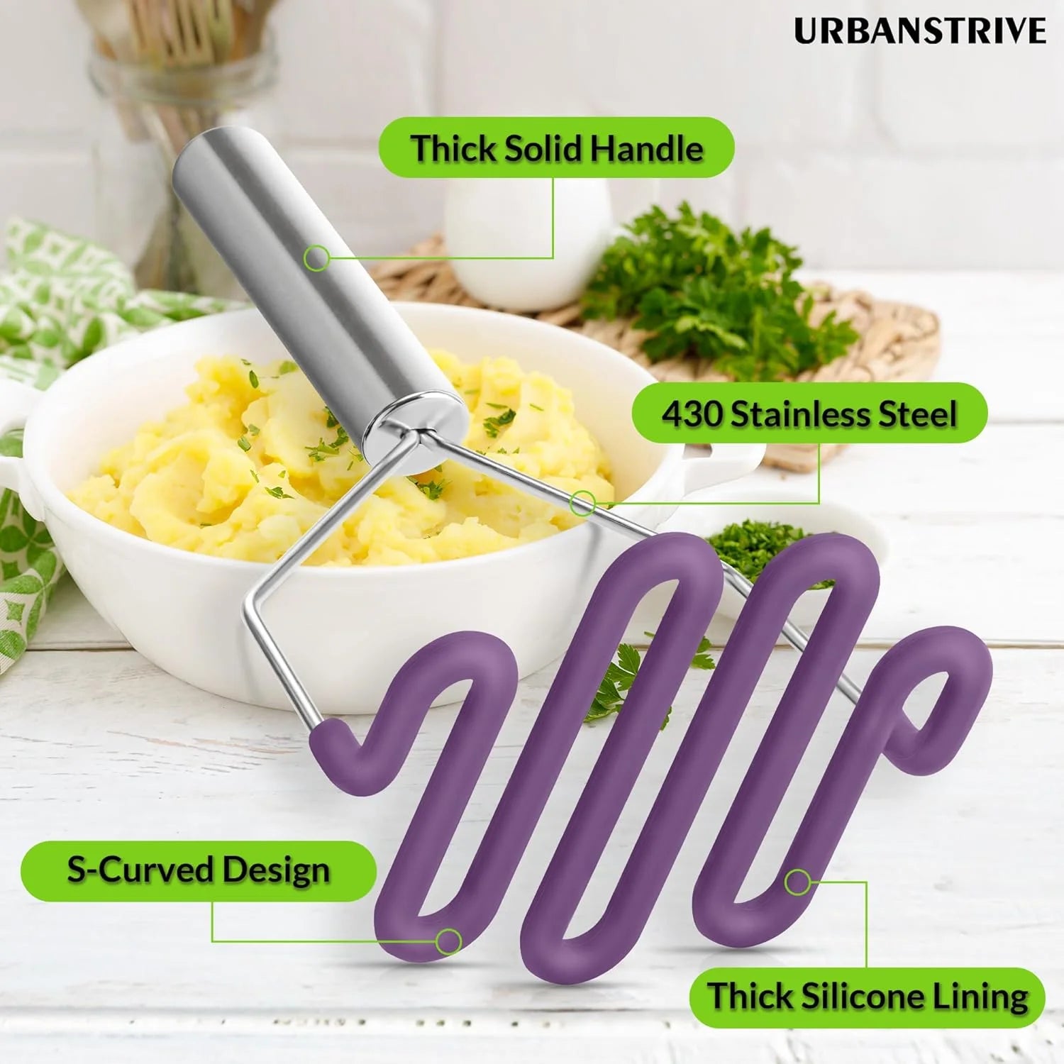 Scratch-resistant silicone potato mash maker kitchen tool stainless steel outer layer wrapped with durable silicone. – Durable Stainless Steel Construction with a Practical Everyday Design