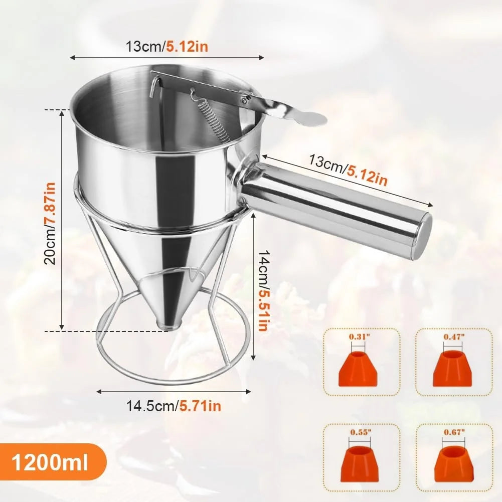 Stainless Steel Pancake Batter Dispenser with Squeeze Handle Kitchen Funnel Tools Pancake Dispenser for Pancakes Cupcakes Takoyaki and Baked Goods – Convenient Carry Handles with a Practical Everyday Design