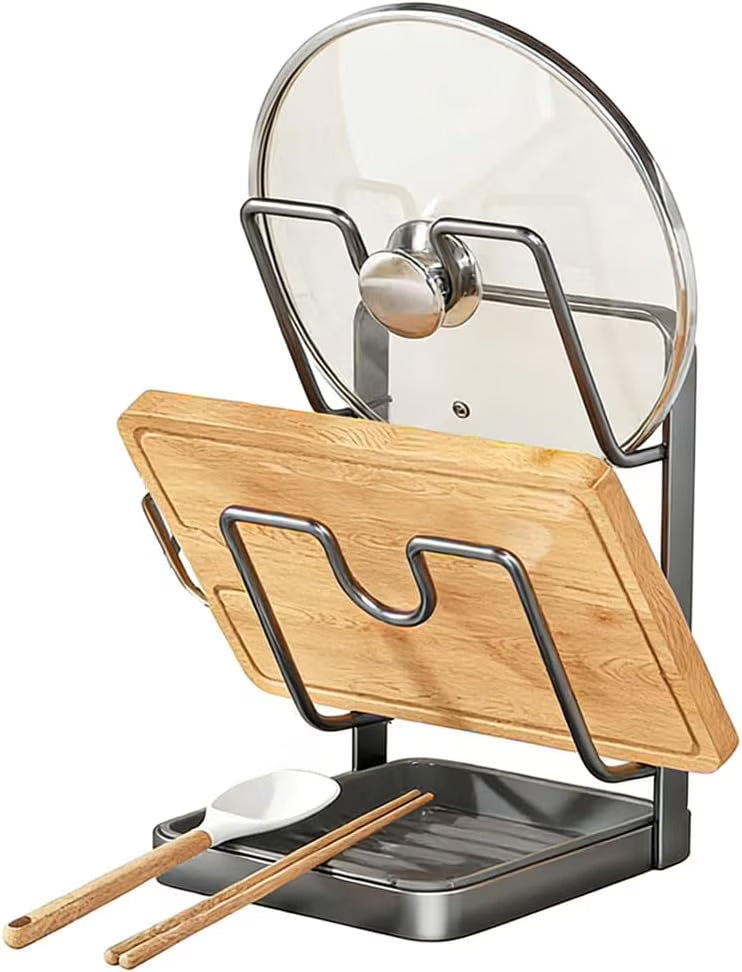 Kitchen Pot Lid Storage Rack Stainless Steel Pot Lid Holder While Cooking & Spoon Rest Multifunctional Pot Lid Organizer with Removable Drip Tray for Countertop Space-Saving Lid Rack – Durable Stainless Steel Construction with a Practical Everyday Design