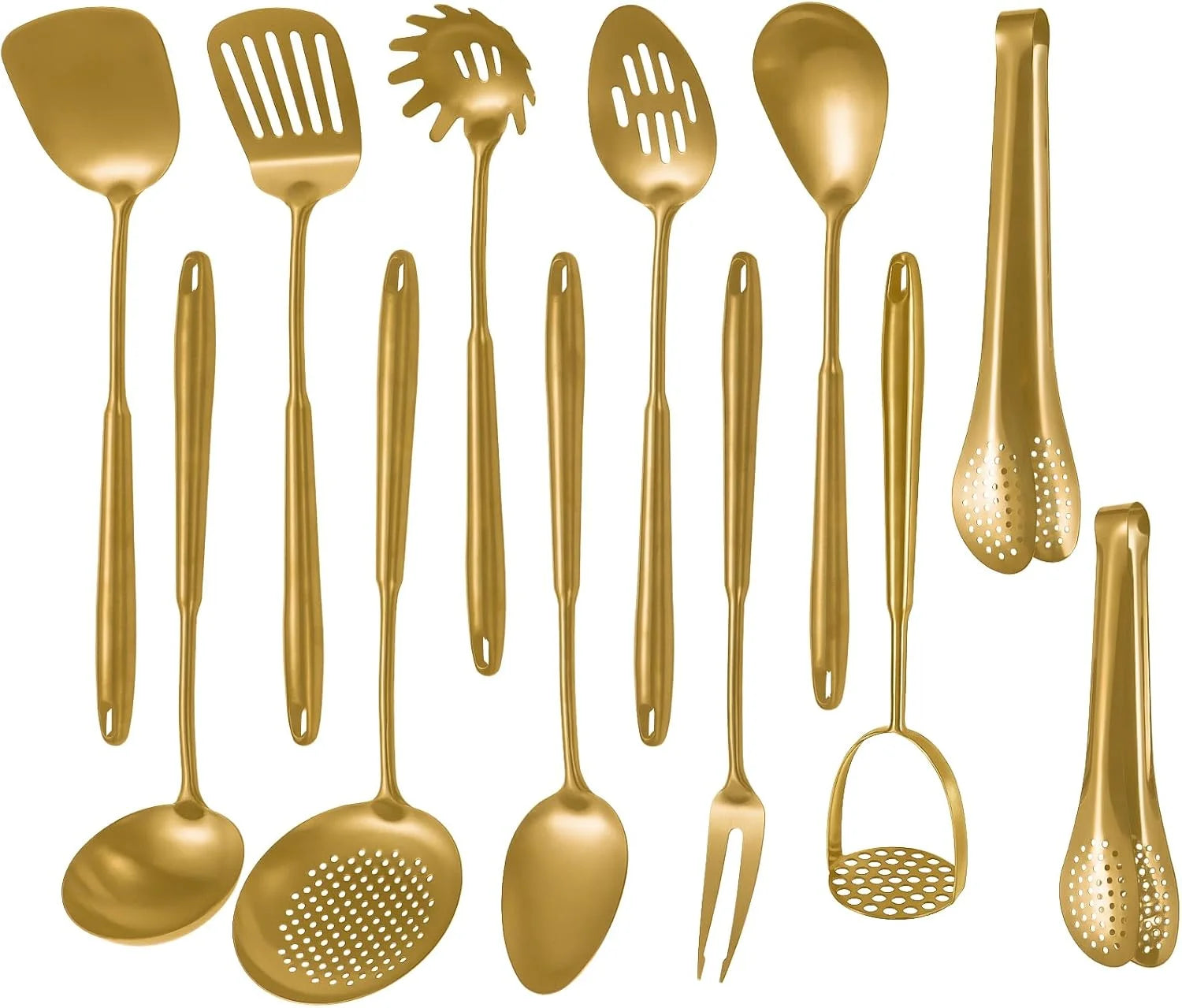 304 Stainlss Steel Kitchen Utensils Set 12 Pcs Long Metal Cooking Utensil Gadgets Tools Set with Spatula Ladle Spoon Ladle Skimmer Tunner Pasta Server Tongs(Silver Dishwasher Suitable) – Convenient Multi-Piece Set with a Practical Everyday Design