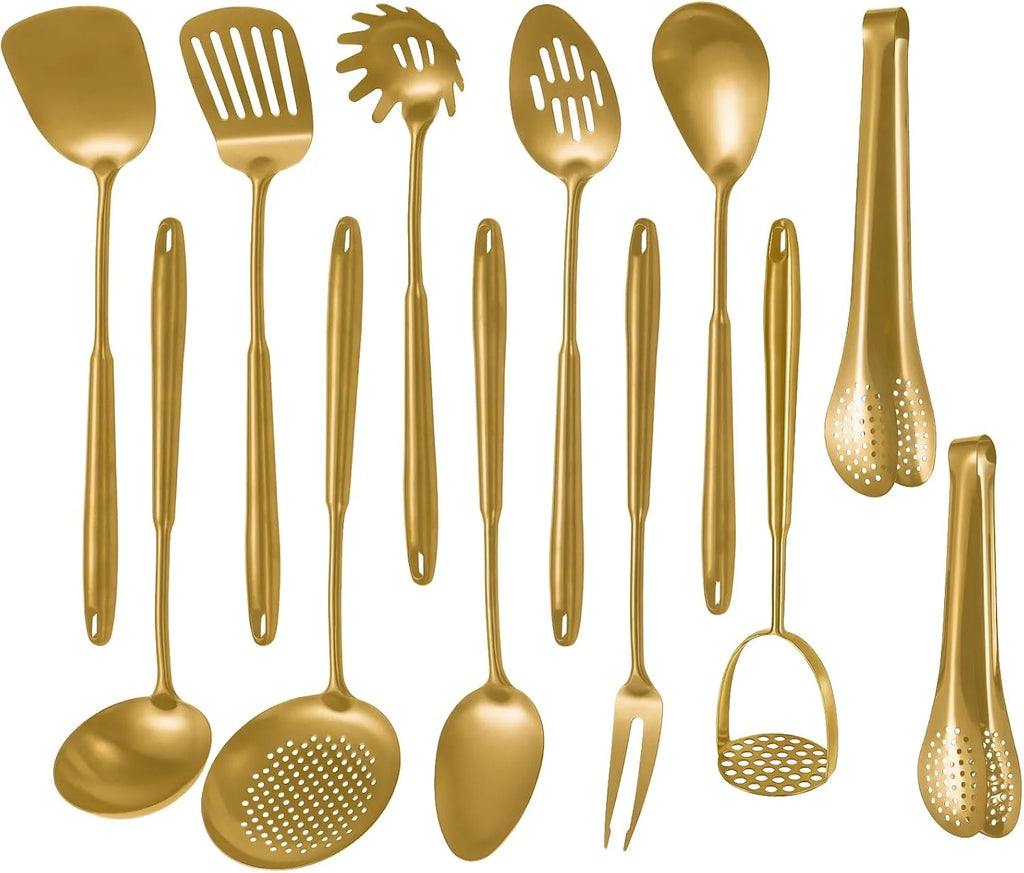 304 Stainless Steel Cooking Utensils,6 Pcs Kitchen Cooking Utensils Set with Spatula Solid Spoon Ladle Skimmer Spaghetti Spoon,Dishwasher Suitable(Gold) – Durable Stainless Steel Construction with a Practical Everyday Design