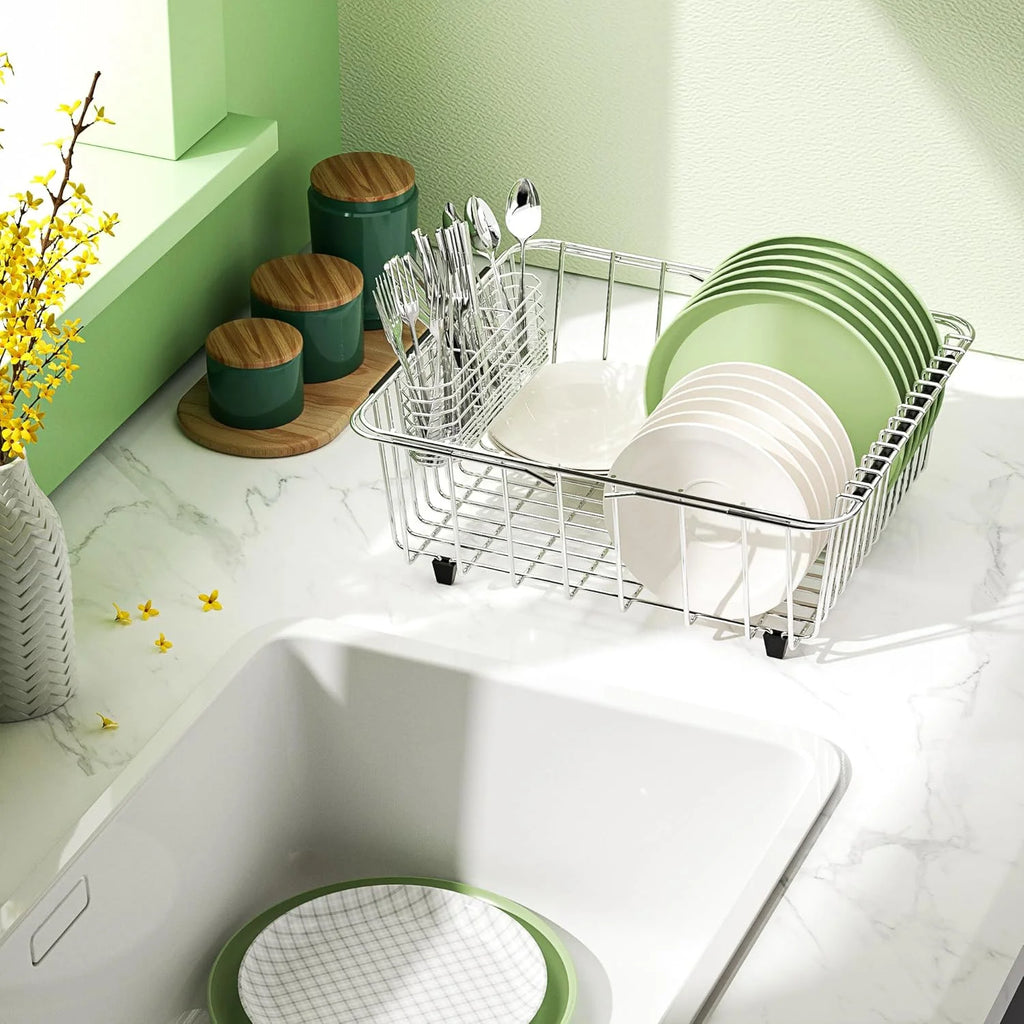 Dish Drying Rack in-Sink 304 Stainless Steel Dish Drainer with Stainless Steel Silverware Holder Over Inside Sink-Adjustable – Durable Stainless Steel Construction with a Practical Everyday Design
