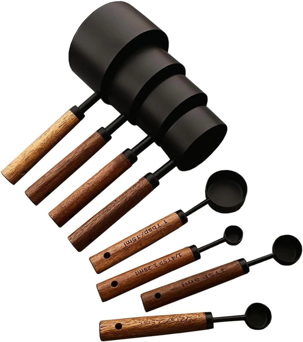 8 pieces Golden Measuring Cups Set and Measuring Spoons Set with Scale Wooden Handle Stainless Steel Dry & Liquid Measuring Cup for Cooking Baking – Convenient Carry Handles with a Practical Everyday Design