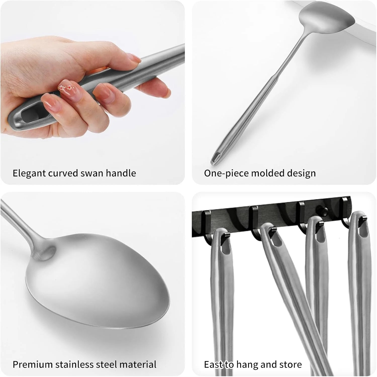 304 Stainless Steel Cooking Utensils,6 Pcs Kitchen Cooking Utensils Set with Spatula Solid Spoon Ladle Skimmer Spaghetti Spoon,Dishwasher Suitable(Black) – Durable Stainless Steel Construction with a Practical Everyday Design