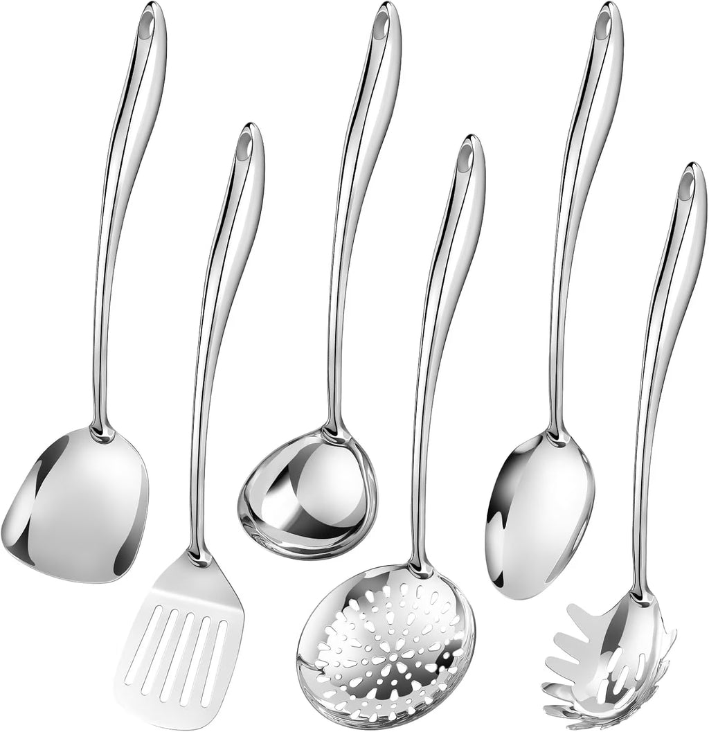304 Stainless Steel Cooking Utensils Set,6 Pcs Long Metal Kitchen Utensils Set with Spatula Solid Spoon Ladle Skimmer Spaghetti Spoon,Dishwasher Suitable – Durable Stainless Steel Construction with a Practical Everyday Design