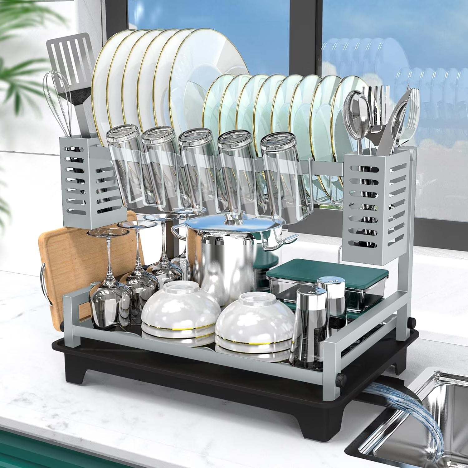 Dish Drying Rack: 2 Tier Dish Racks for Kitchen Counter and Sink - Large Dish Drying Rack with Drainboard & Utensil Holders - Stainless Steel Dish Drainers Kitchen Organization and – Durable Stainless Steel Construction with a Practical Everyday Design