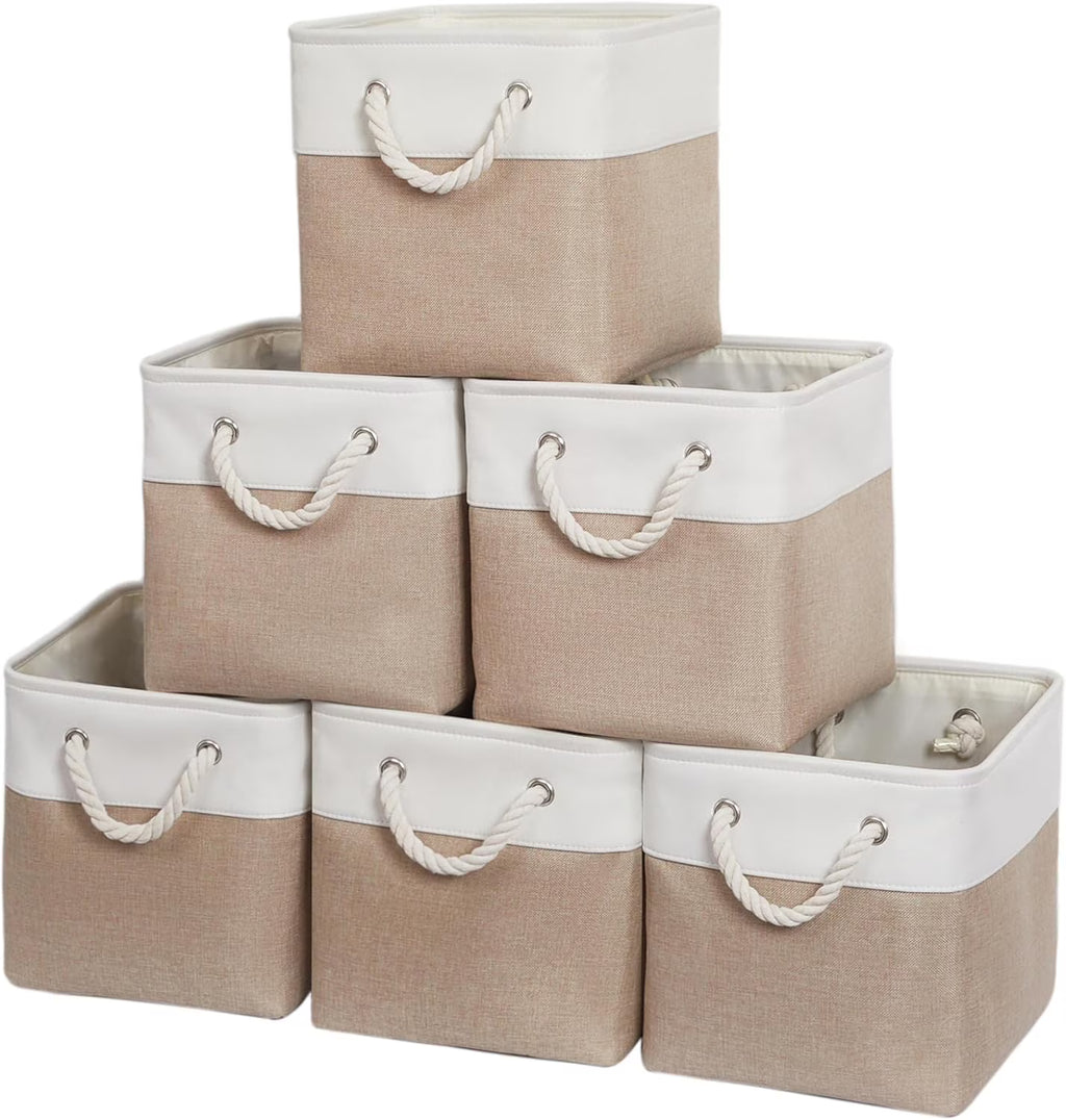 11 x 11 Inch Storage Cubes 6 Pack Large Collapsible Fabric Storage Bin White&Beige – Foldable Space-Saving Design with a Practical Everyday Design