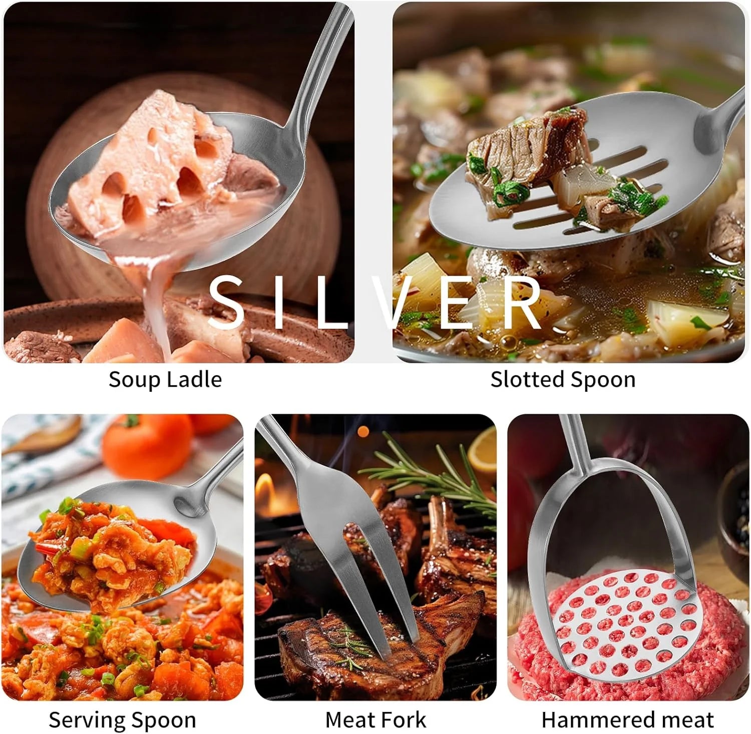 304 Stainlss Steel Kitchen Utensils Set 12 Pcs Long Metal Cooking Utensil Gadgets Tools Set with Spatula Ladle Spoon Ladle Skimmer Tunner Pasta Server Tongs(Silver Dishwasher Suitable) – Convenient Multi-Piece Set with a Practical Everyday Design