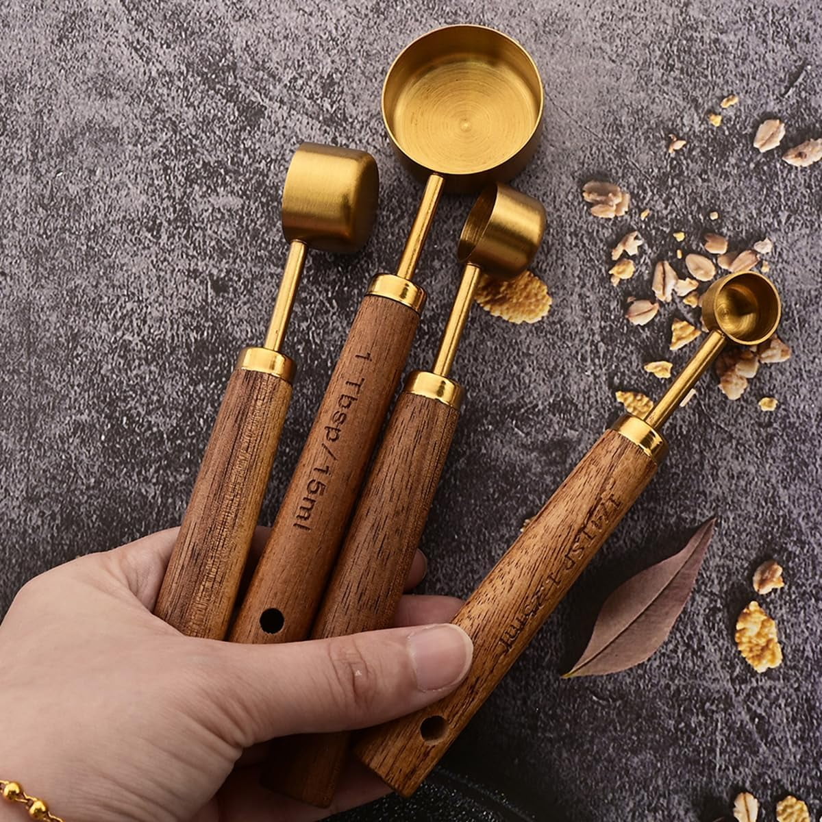8 pieces Golden Measuring Cups Set and Measuring Spoons Set with Scale Wooden Handle Stainless Steel Dry & Liquid Measuring Cup for Cooking Baking – Convenient Carry Handles with a Practical Everyday Design