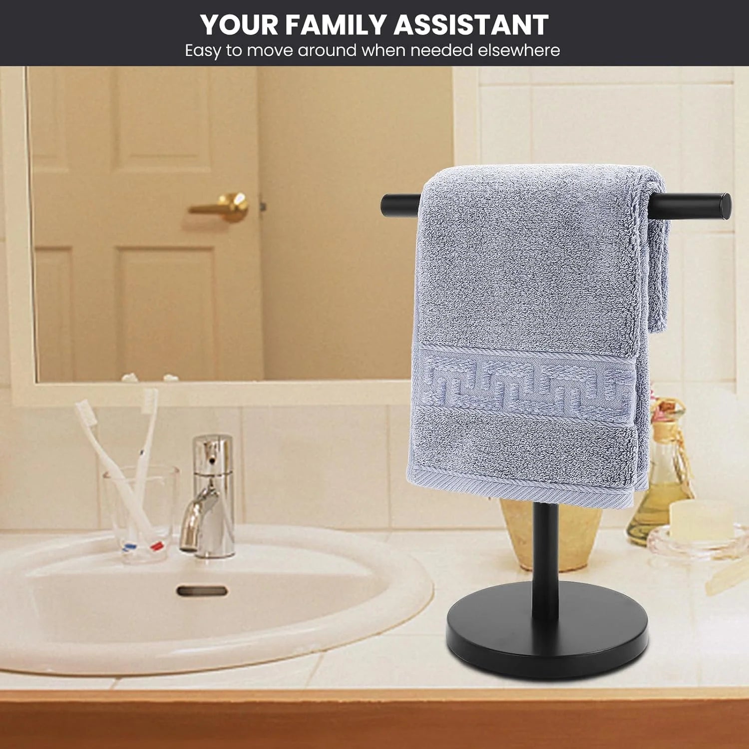 T-Shape Bath Hand Towel Holder Stand Stainless Steel Free Standing Hand Towel Rack with Heavy Base for Bathroom Kitchen & Countertop Matte Black – Durable Stainless Steel Construction with a Practical Everyday Design