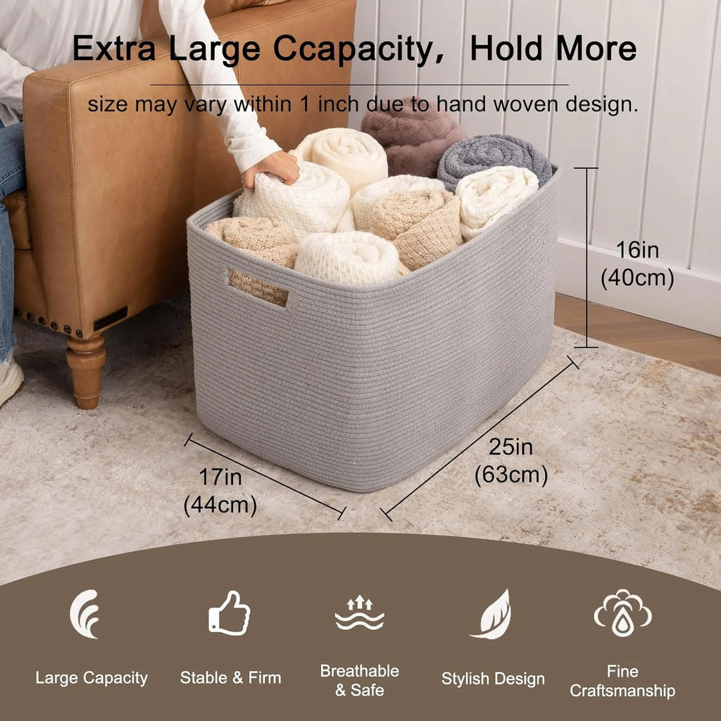 118L XXXLarge Cotton Rope Storage Basket Oversized Blanket Basket Used for Organizing Dirty Clothes in Living Room Bedroom Nursery Dog Toy Storage Bins 25" x 17" x 16",Grey – Practical Home Organization with a Practical Everyday Design