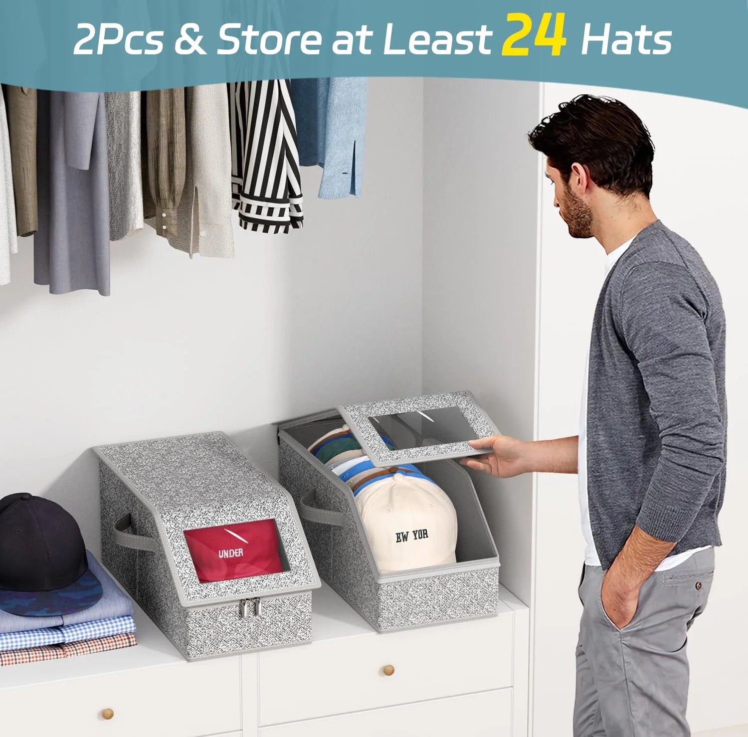 2 Pcs Stackable Hat Storage for Baseball Caps Holds up to 24 Caps Hat Organizer for Closet Sturdy Snapback Boxes for Men with Cardboard Grey – Stackable Organization with a Practical Everyday Design