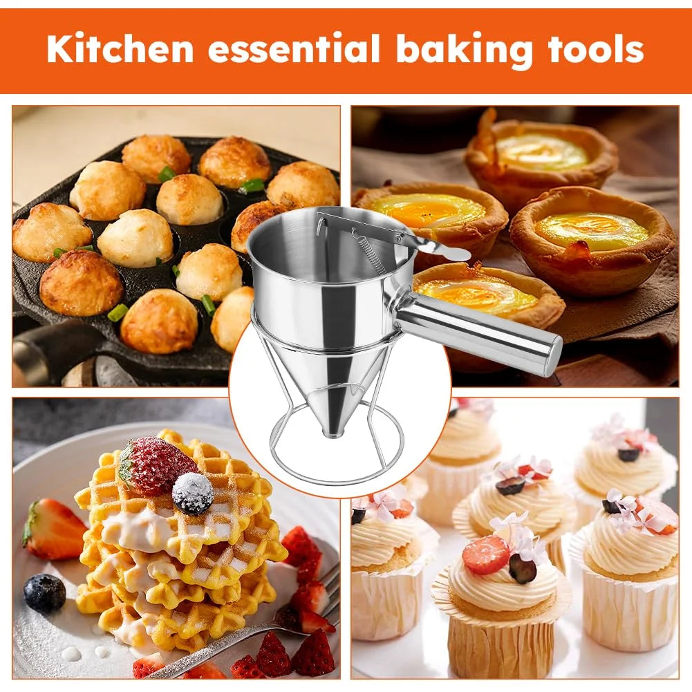 Stainless Steel Pancake Batter Dispenser with Squeeze Handle Kitchen Funnel Tools Pancake Dispenser for Pancakes Cupcakes Takoyaki and Baked Goods – Convenient Carry Handles with a Practical Everyday Design