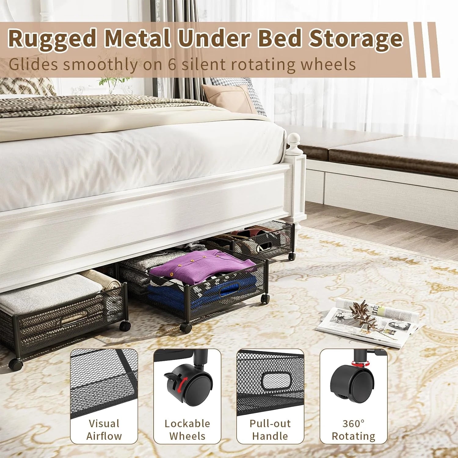 47.2'' Long Under Bed Storage on Wheels 57.6L Large Capacity Rolling Under the Bed Storage Containers Tool-Free Assembly Foldable Underbed Shoes Clothes Toy Drawers – Multiroom Organization Format with a Practical Everyday Design
