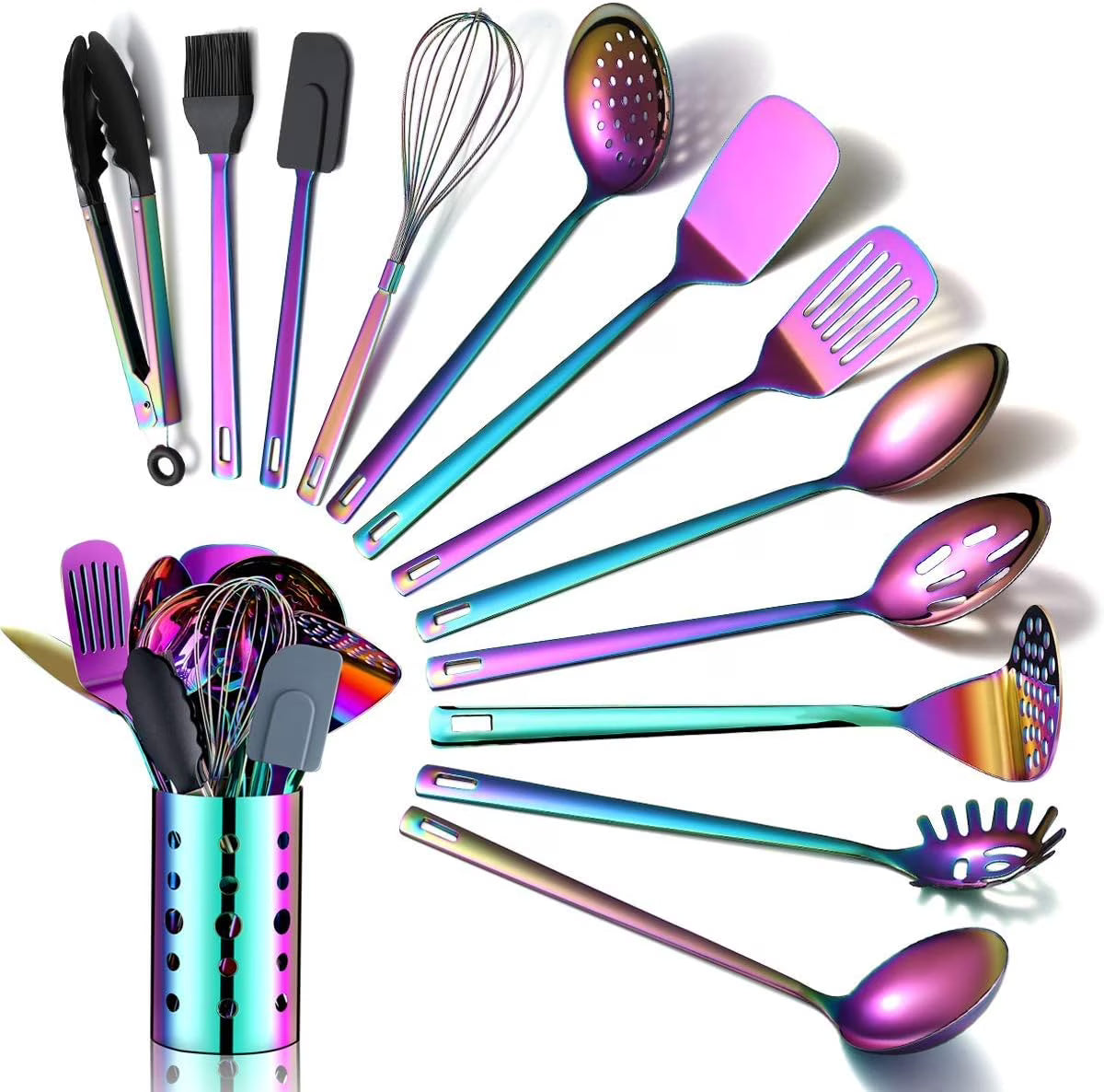 Rainbow Kitchen Utensil Set 13-Piece Stainless Steel Cookware Set Titanium Rainbow Plating Kitchen Tool Set with Cutlery Holder Suitable for Non-stick Cookware Dishwasher Suitable – Durable Stainless Steel Construction with a Practical Everyday Design