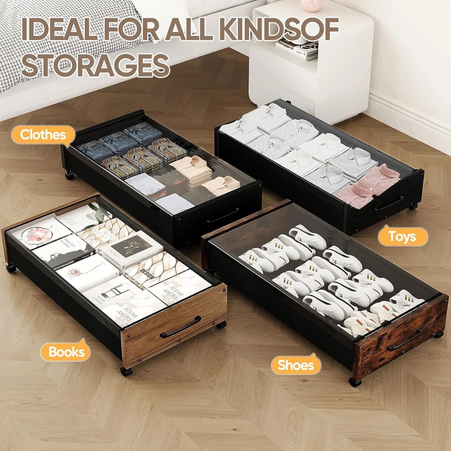 Wooden Under Bed Storage with Wheels Rolling Under the Bed Storage Bins with Removable Lid Metal Under Bed Drawers for Clothes and Shoes in Bedroom or Living Room(Black Wood-2pack) – Easy-Roll Mobility with a Practical Everyday Design