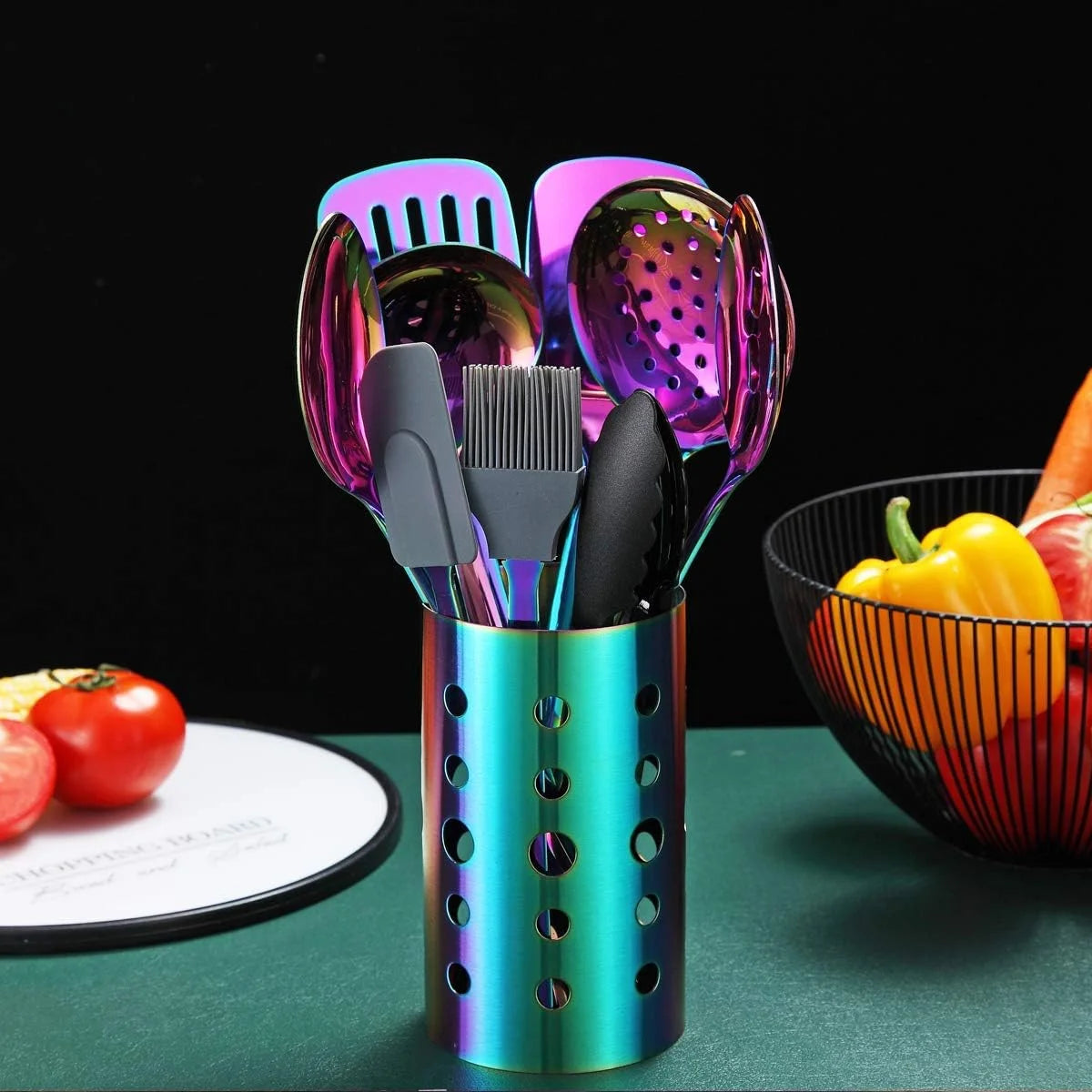 Rainbow Kitchen Utensil Set 13-Piece Stainless Steel Cookware Set Titanium Rainbow Plating Kitchen Tool Set with Cutlery Holder Suitable for Non-stick Cookware Dishwasher Suitable – Durable Stainless Steel Construction with a Practical Everyday Design