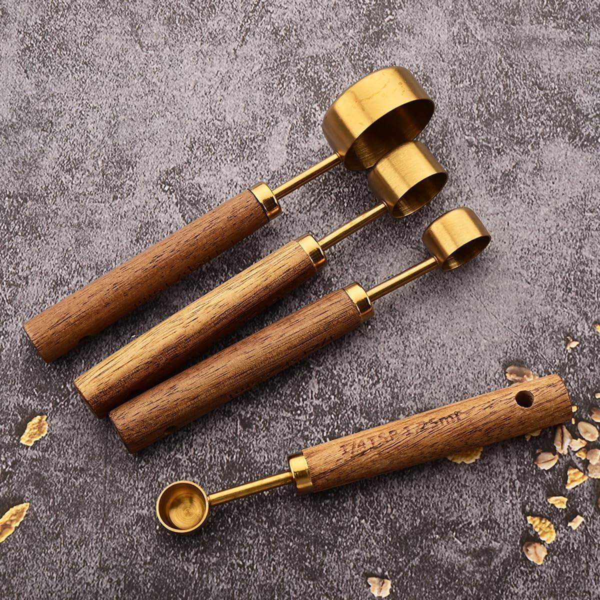 8 pieces Golden Measuring Cups Set and Measuring Spoons Set with Scale Wooden Handle Stainless Steel Dry & Liquid Measuring Cup for Cooking Baking – Convenient Carry Handles with a Practical Everyday Design