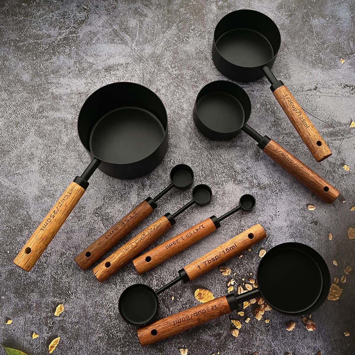 8 pieces Black Measuring Cups Set and Measuring Spoons Set with Scale Wooden Handle Stainless Steel Dry & Liquid Measuring Cup for Cooking Baking – Convenient Carry Handles with a Practical Everyday Design