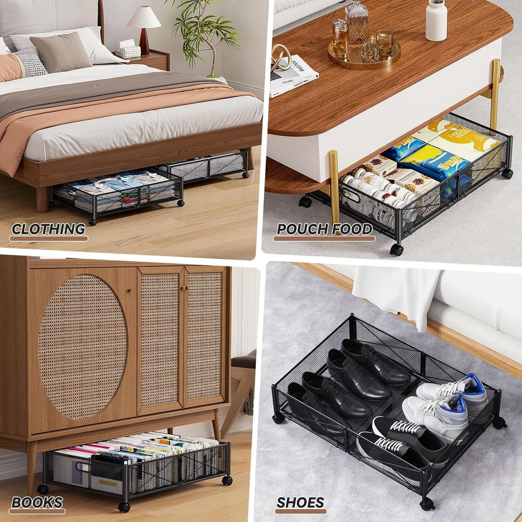 Under Bed Storage Containers with Wheels - Shoe Storage Organizer Drawer Tool-free Assembly Metal Underbed Storage for Bedroom Clothes Shoes Blankets - 2Pack – Multiroom Organization Format with a Practical Everyday Design