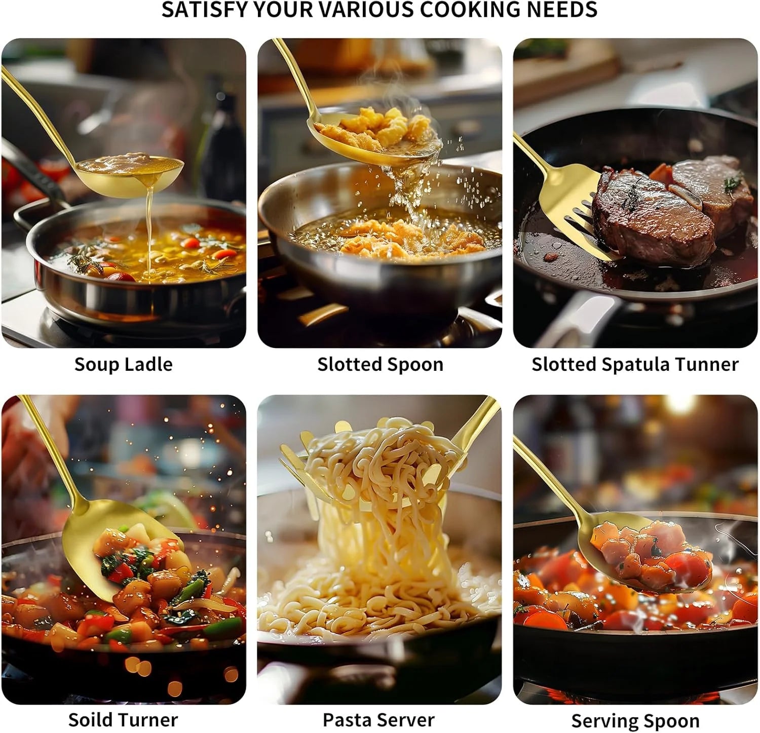 304 Stainless Steel Cooking Utensils,6 Pcs Kitchen Cooking Utensils Set with Spatula Solid Spoon Ladle Skimmer Spaghetti Spoon,Dishwasher Suitable(Gold) – Durable Stainless Steel Construction with a Practical Everyday Design