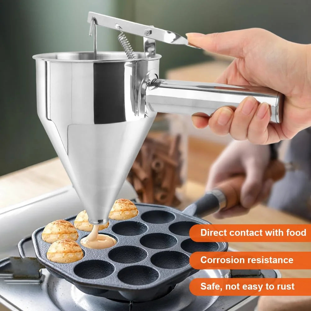 Stainless Steel Pancake Batter Dispenser with Squeeze Handle Kitchen Funnel Tools Pancake Dispenser for Pancakes Cupcakes Takoyaki and Baked Goods – Convenient Carry Handles with a Practical Everyday Design
