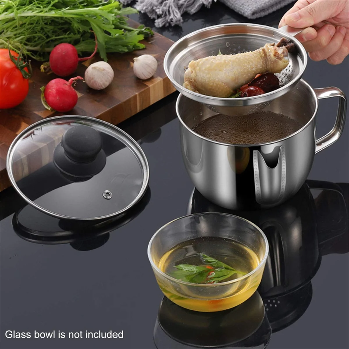 Stainless Steel Fat Separator 1L/4 Cup Gravy Grease with Strainer and Glass Lid Soup Oil Cup – Durable Stainless Steel Construction with a Practical Everyday Design