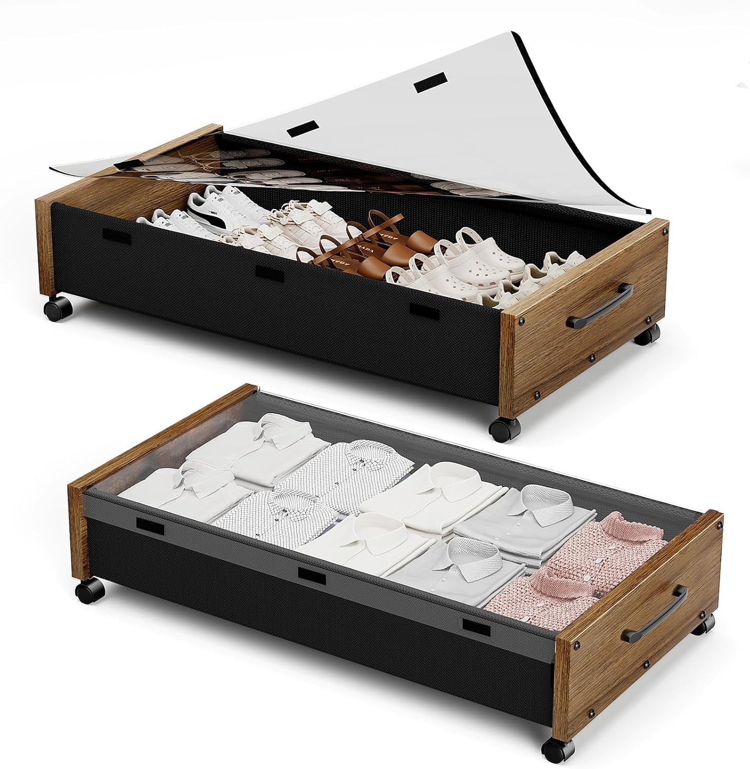 Wooden Under Bed Storage with Wheels Rolling Under the Bed Storage Bins with Removable Lid Metal Under Bed Drawers for Clothes and Shoes in Bedroom or Living Room(Black Wood-2pack) – Easy-Roll Mobility with a Practical Everyday Design