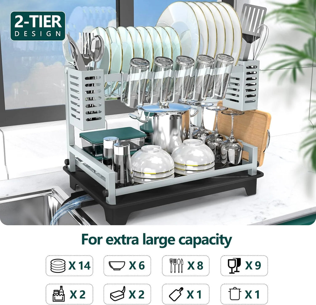 Dish Drying Rack: 2 Tier Dish Racks for Kitchen Counter and Sink - Large Dish Drying Rack with Drainboard & Utensil Holders - Stainless Steel Dish Drainers Kitchen Organization and – Durable Stainless Steel Construction with a Practical Everyday Design