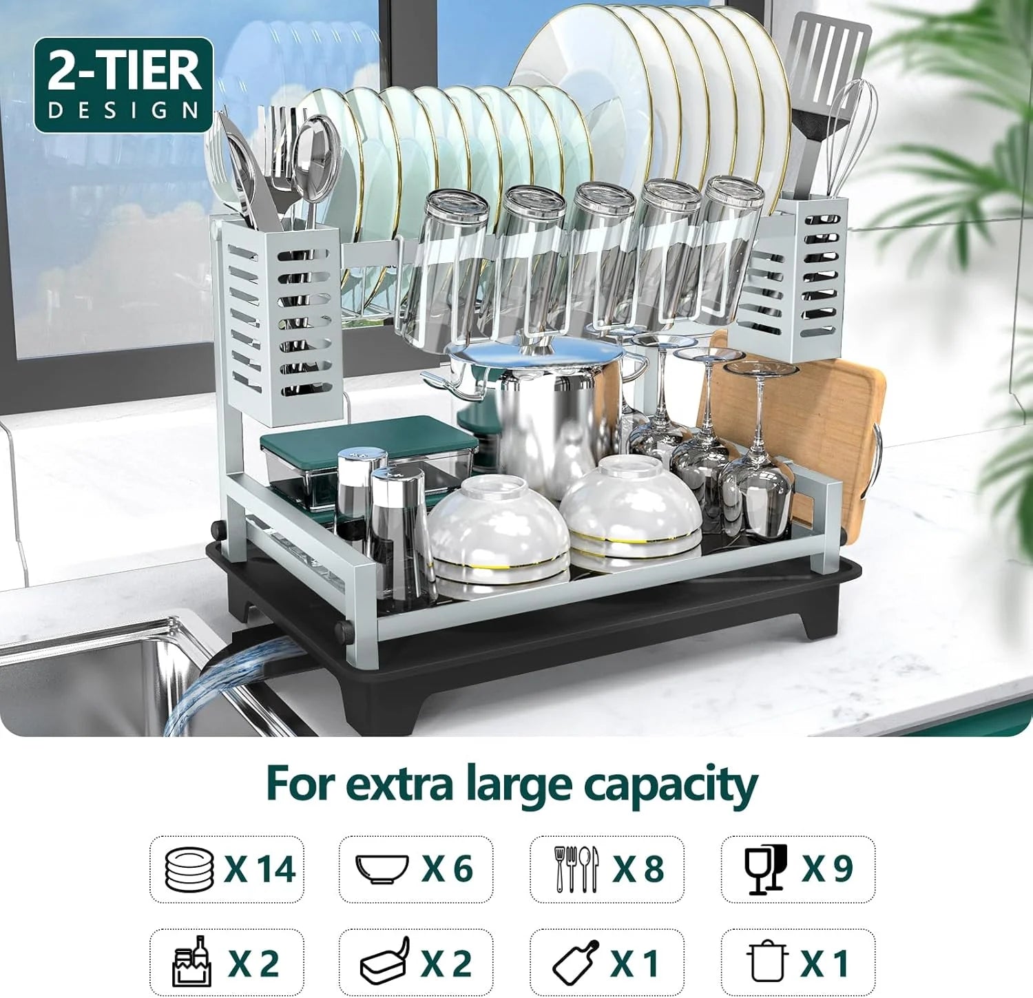 Dish Drying Rack: 2 Tier Dish Racks for Kitchen Counter and Sink - Large Dish Drying Rack with Drainboard & Utensil Holders - Stainless Steel Dish Drainers Kitchen Organization and – Durable Stainless Steel Construction with a Practical Everyday Design