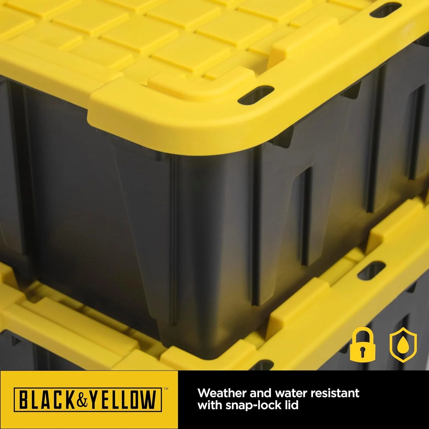 BLACK & YELLOW 27-Gallon Heavy Duty Tough Storage Container & Snap-Tight Lid (14.3"H x 20.6"W x 30.6"D) Weather-Resistant Design and Stackable Organization Tote [4 Pack] – Stackable Organization with a Practical Everyday Design