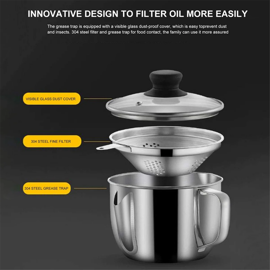 Stainless Steel Fat Separator 1L/4 Cup Gravy Grease with Strainer and Glass Lid Soup Oil Cup – Durable Stainless Steel Construction with a Practical Everyday Design