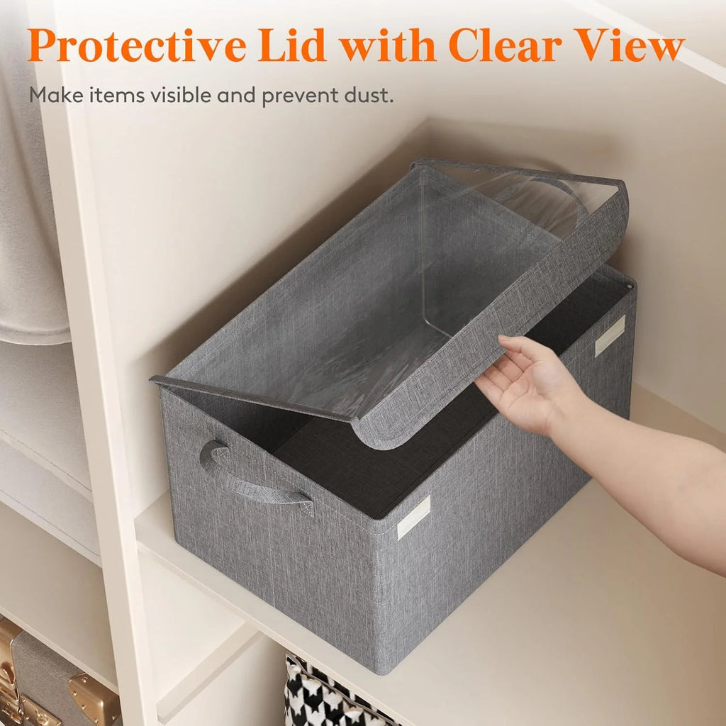 Fabric Storage Boxes 6 Pcs Stackable Storage Bins with Clear Lids Foldable Oxford Cloth Cube Closet Organizer Baskets Clothes Containers for Towels Blankets Books Light Grey-Large – Foldable Space-Saving Design with a Practical Everyday Design